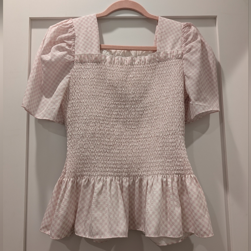 Rachel Parcell Light Pink Gingham Smocked Peplum Top